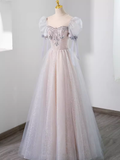 Pretty A Line Scoop Short Puffy Sleeves Pink Tulle Beads Long Prom Dresses HZ1024