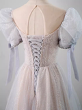 Pretty A Line Scoop Short Puffy Sleeves Pink Tulle Beads Long Prom Dresses HZ1024