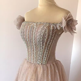 Pretty A Line Off The Shoulder Beads Tulle Sequin Long Prom Dresses HZ1024