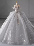 Luxury Ball Gown Off The Shoulder Short Sleeves Sequin Wedding Dress HZ1024