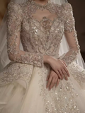 Luxury Ball Gown Scoop Neckline Long Sleeves Sequin Wedding Dress HZ1024