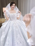 Vintage Ball Gown Square Neckline Short Sleeves Lace Wedding Dress HZ1024