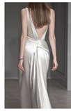 Vintage Sheath Irregular Neckline Satin White Wedding Dress HZ1024