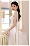Pretty Sheath Scoop Neckline Satin White Slit Long Prom Dresses With Ribbon HZ1024