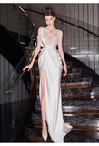 Sexy Mermaid Straps White Pearls Slit Long Wedding Dresses HZ1024