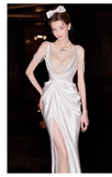 Sexy Mermaid Straps White Pearls Slit Long Wedding Dresses HZ1024