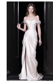 Sexy Sheath Off The Shoulder Short Sleeves White Satin Long Wedding Dresses HZ1024