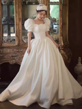 Vintage Ball Gown Square Neckline White Lace Wedding Dress HZ1024