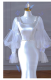 Sexy Mermaid U Neckline Long Sleeves Satin Long Wedding Dresses With Pearls HZ1024