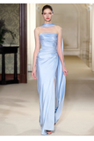 Pretty Sheath Scoop Neckline Satin Blue Slit Long Prom Dresses With Ribbon HZ1024