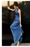 Pretty Sheath High Neckline Satin Royal Blue Long Prom Dresses HZ1024