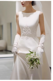 Chic A line Scoop Neckline Satin Long Wedding Dresses With Appliques HZ1024