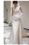 Chic A line Scoop Neckline Satin Long Wedding Dresses With Appliques HZ1024
