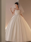 Vintage Ball Gown Strapless Neckline White Satin Wedding Dress HZ1024