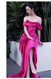 Sexy Mermaid Off The Shoulder Hot Pink Long Prom Dresses Satin Birthday Outfits HZ1024