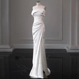 Timeless Sheath Off The Shoulder Satin Long Wedding Dresses With Slit HZ1024