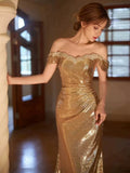 Sexy Sheath Off The Shoulder Gold Sequin Long Prom Dresses HZ1024