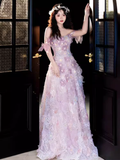 Cute A line Strapless Neckline Tulle Pink Flowers Wedding Dress HZ1024