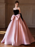 Modest Ball Gown Strapless Pink Prom Dress With Bow Long Evening Dresses HZ1024
