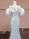 Elegant Sheath Off The Shoulder Silver Sequins Long Prom Dresses HZ1024