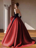 Modest Ball Gown Strapless Burgundy Prom Dress With Bow Long Prom Dresses HZ1024