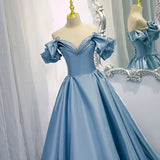 Modest Ball Gown Off The Shoulder Long Light Sky Blue Sweet 16 Dress Prom Dresses HZ1024