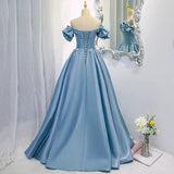 Modest Ball Gown Off The Shoulder Long Light Sky Blue Sweet 16 Dress Prom Dresses HZ1024