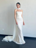 Unique Mermaid Strapless Tulle White Wedding Dresses With Ribbon HZ1024