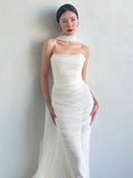 Unique Mermaid Strapless Tulle White Wedding Dresses With Ribbon HZ1024