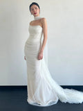 Unique Mermaid Strapless Tulle White Wedding Dresses With Ribbon HZ1024