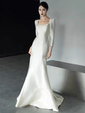 Unique Mermaid Square Neckline Long Sleeves White Satin Wedding Dresses HZ1024