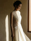 Unique A line High Neckline Chiffon Long Pearls White Wedding Dresses With Ruffles HZ1024