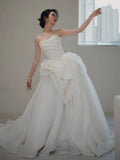 Unique Ball Gown Sweetheart Long Organza White Wedding Dresses HZ1024