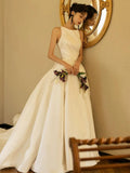 Unique Ball Gown Scoop Satin Backless Long White Wedding Dresses HZ1024