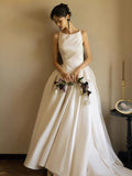 Unique Ball Gown Scoop Satin Backless Long White Wedding Dresses HZ1024