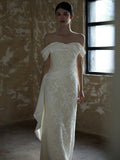 Sexy Sheath Off The Shoulder Lace Long White Wedding Dresses With Ribbon HZ1024