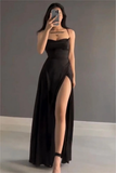 Modest Sheath Straps Black Long Prom Dress Evening Dresses With Slit HZ1024