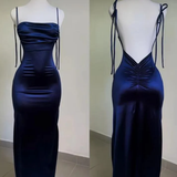 Navy Blue Sheath Long Prom Dress Backless Evening Party Dress HZ1024