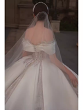 Luxury Ball Gown Off The Shoulder Short Sleeves Satin Wedding Dress HZ1024