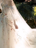 Luxury Ball Gown Off The Shoulder Short Sleeves Flowers Lace Wedding Dress HZ1024