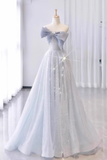 Modest A line Strapless Neckline Gray Sequin Long Prom Dress Evening Dresses HZ1024