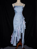 Elegant Sheath Spaghetti Straps Sky Blue Vintage Floral Dress Asymmetrical Hem Prom Dresses HZ1024