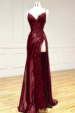 Chic Sheath Spaghetti Straps Burgundy Satin Prom Dress Formal Dress With Ruffles HZ1024