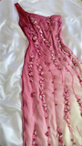 Modest Sheath One Shoulder Chiffon Ombre Pink Long Prom Dress Party Dress With Flowers Beads HZ1024