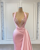 Romantic Pink Mermaid Long Slit Prom Dress With Ruffles HZ1024