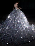 Luxury Ball Gown Strapless Sleeveless Silver Sequin Wedding Dress HZ1024