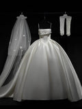 Simple Ball Gown Strapless Satin Long White Wedding Dresses With Lace HZ1024