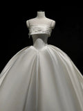 Simple Ball Gown Strapless Satin Long White Wedding Dresses With Lace HZ1024