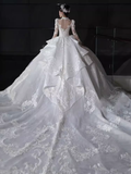 Luxury Ball Gown High Neckline Long Sleeves Lace White Wedding Dress HZ1024