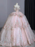 Dreamy Ball Gown Off The Shoulder Pink Lace Long Wedding Dresses With Beads HZ1024
